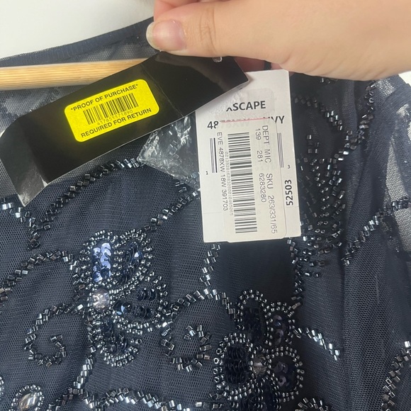 Xscape Plus Size Long Beaded Sequin Illusion Neckline Jersey Dress 18W Navy FLAW - Picture 7 of 15